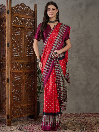 Red & Maroon Readymade Crepe Silk Saree