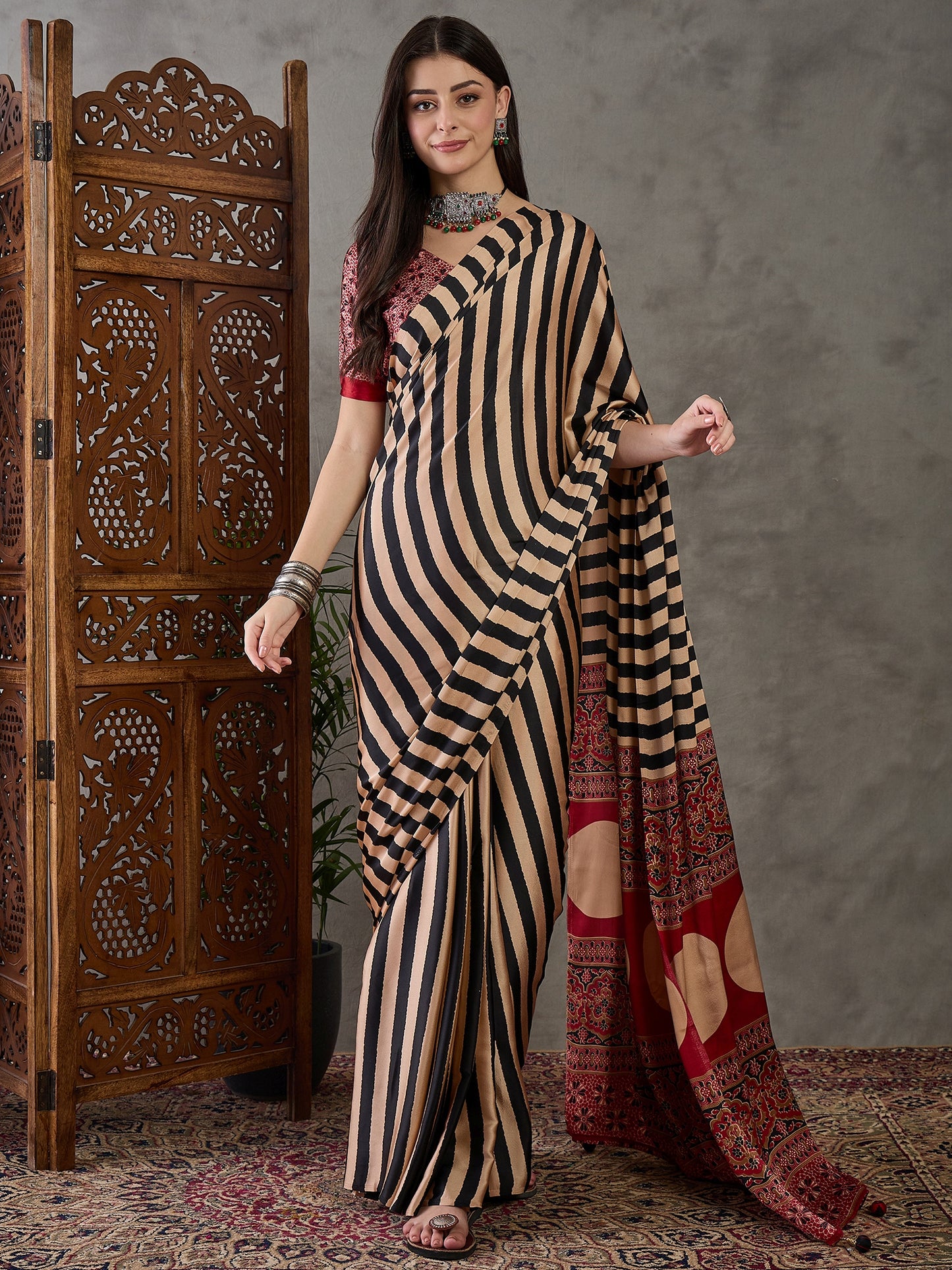 Black Stripe Readymade Crepe Silk Saree