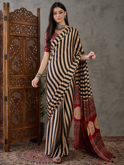 Black Stripe Readymade Crepe Silk Saree