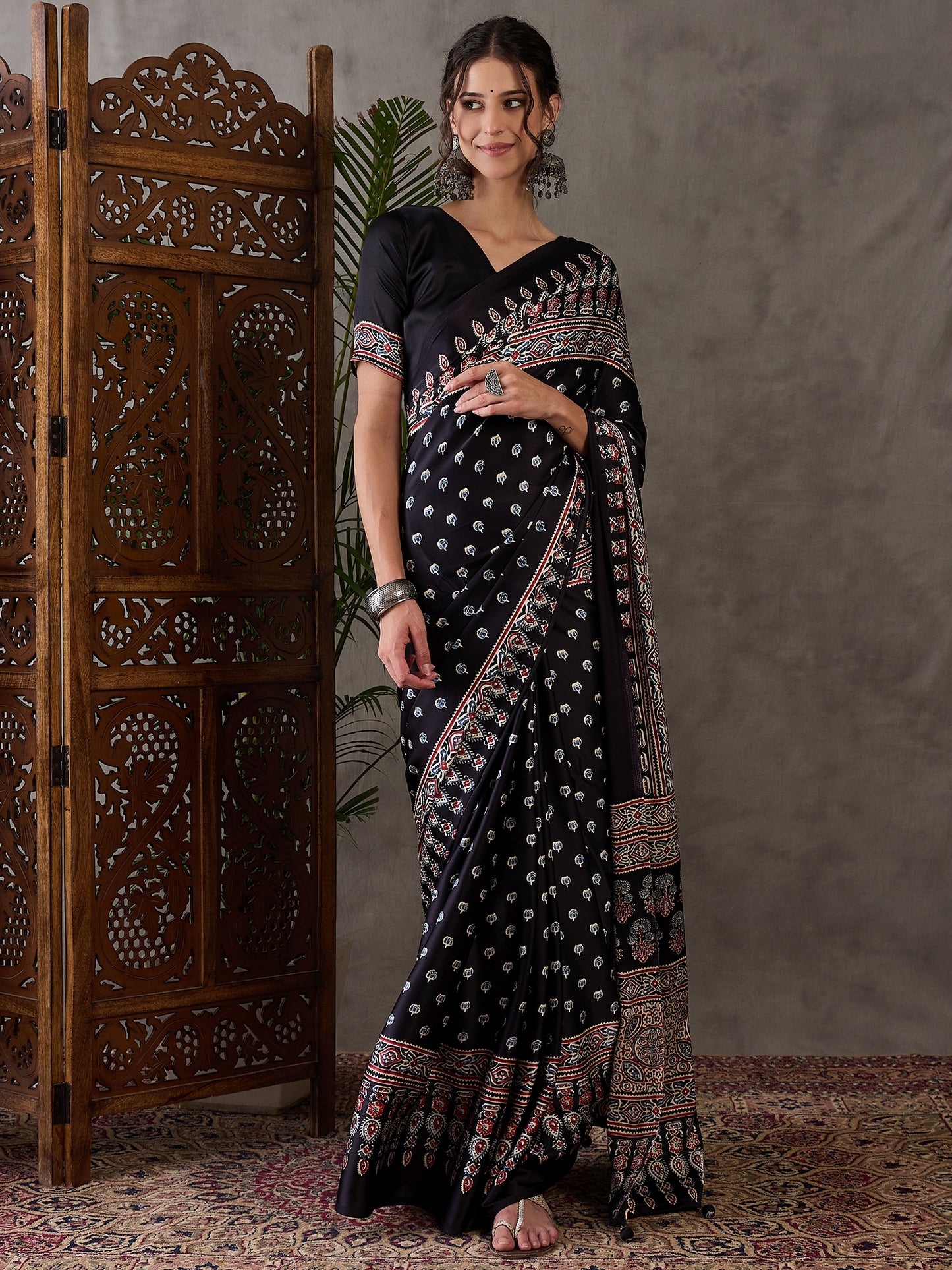 Black Readymade Crepe Silk Saree