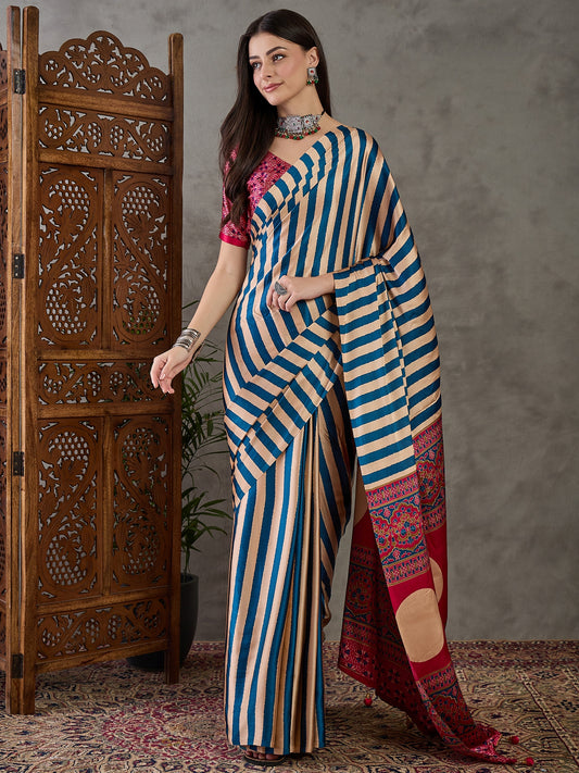 Blue Stripe Readymade Crepe Silk Saree