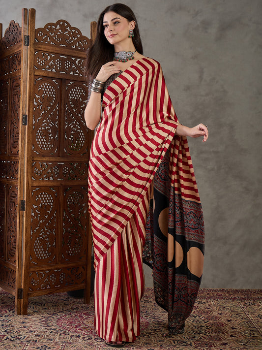 Red Stripe Readymade Crepe Silk Saree