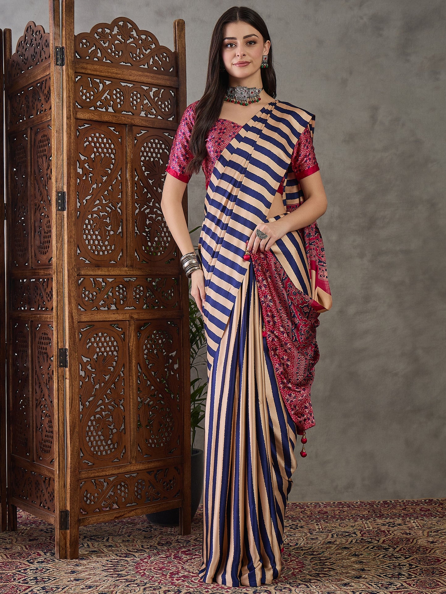 Blue Stripe Readymade Crepe Silk Saree - Panaash Saree