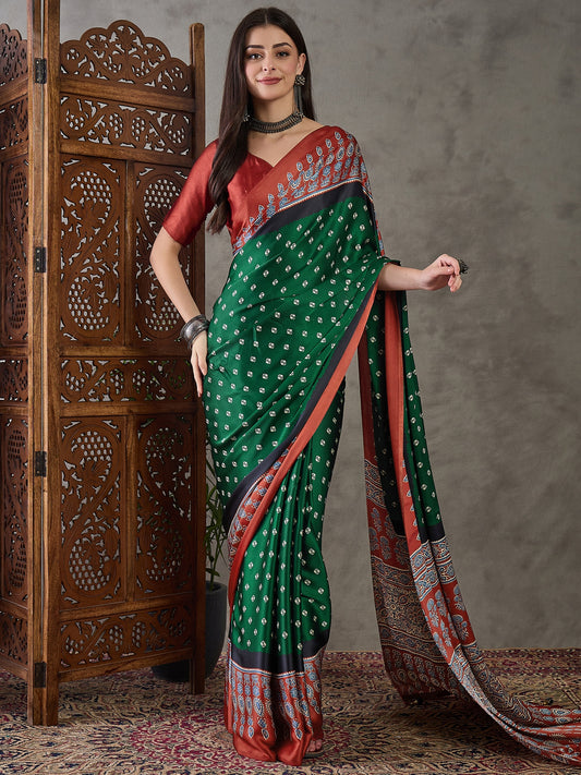 Green & Red Readymade Crepe Silk Saree