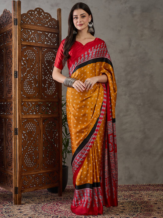 Yellow & Red Readymade Crepe Silk Saree