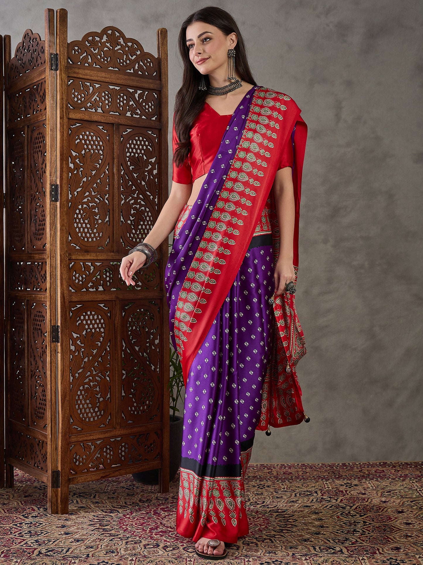 Purple & Red Readymade Crepe Silk Saree
