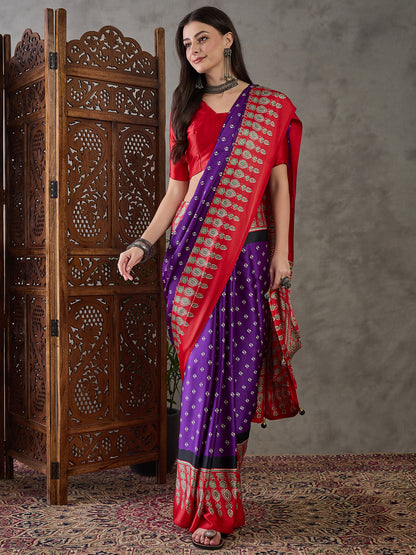 Purple & Red Readymade Crepe Silk Saree