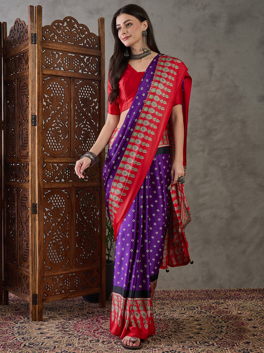 Purple & Red Readymade Crepe Silk Saree