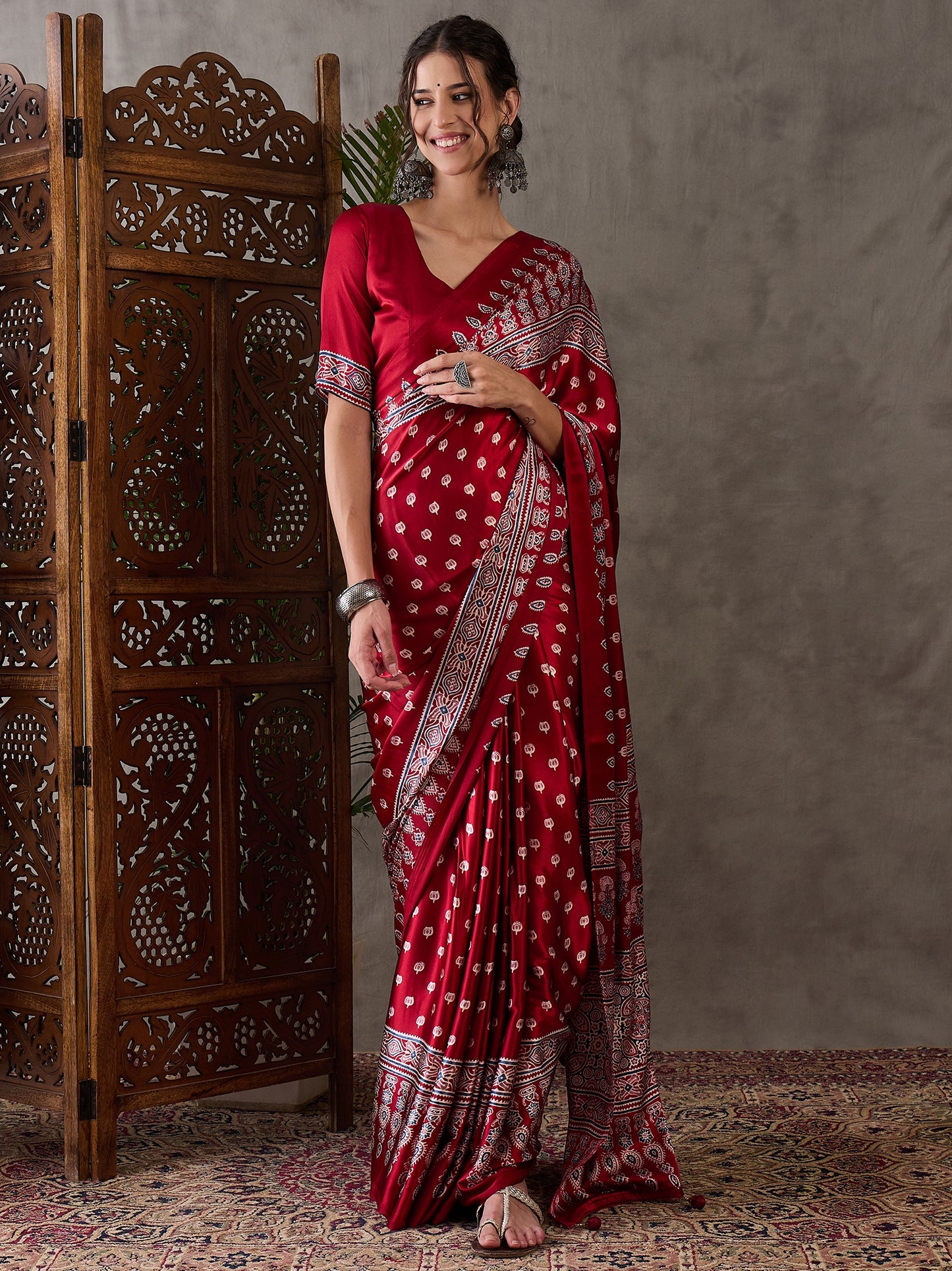 Red Readymade Crepe Silk Saree