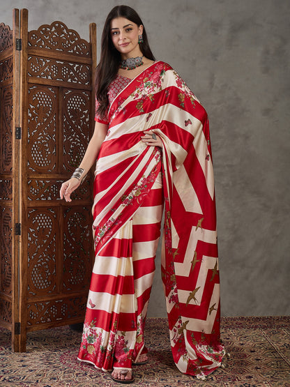 Red Readymade Crepe Silk Saree