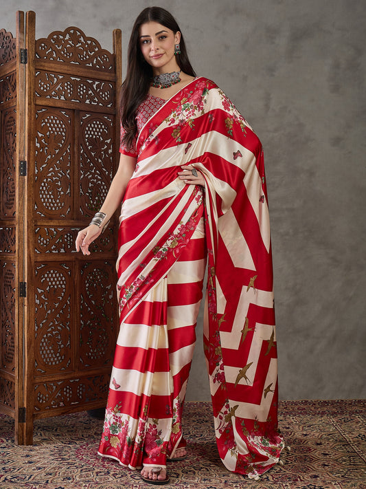 Red Readymade Crepe Silk Saree