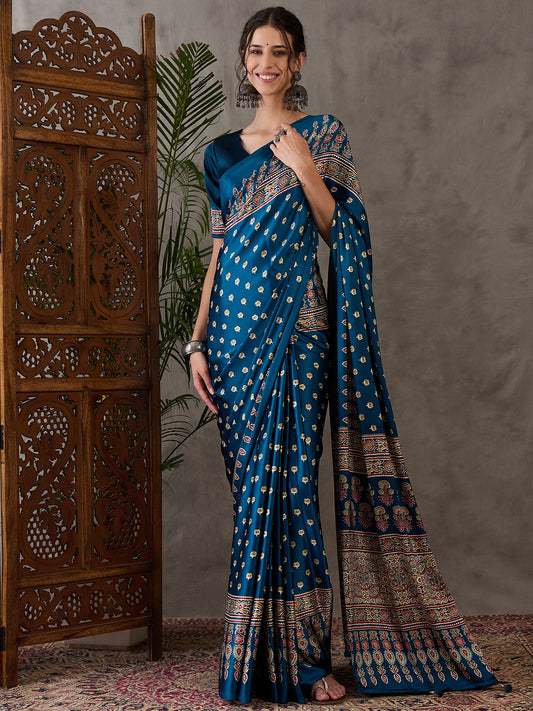 Turquoise Readymade Crepe Silk Saree - Panaash Saree
