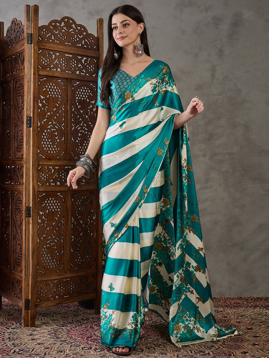 Turquoise Readymade Crepe Silk Saree