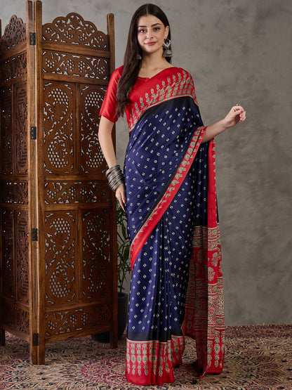 Blue & Red Readymade Crepe Silk Saree