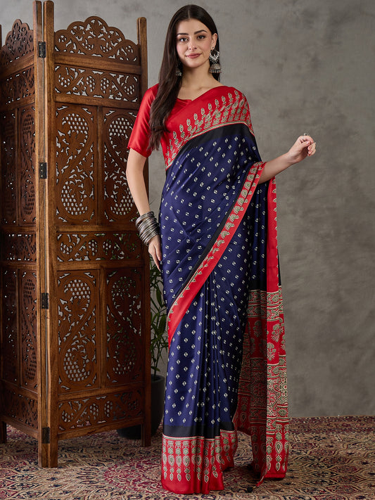 Blue & Red Readymade Crepe Silk Saree