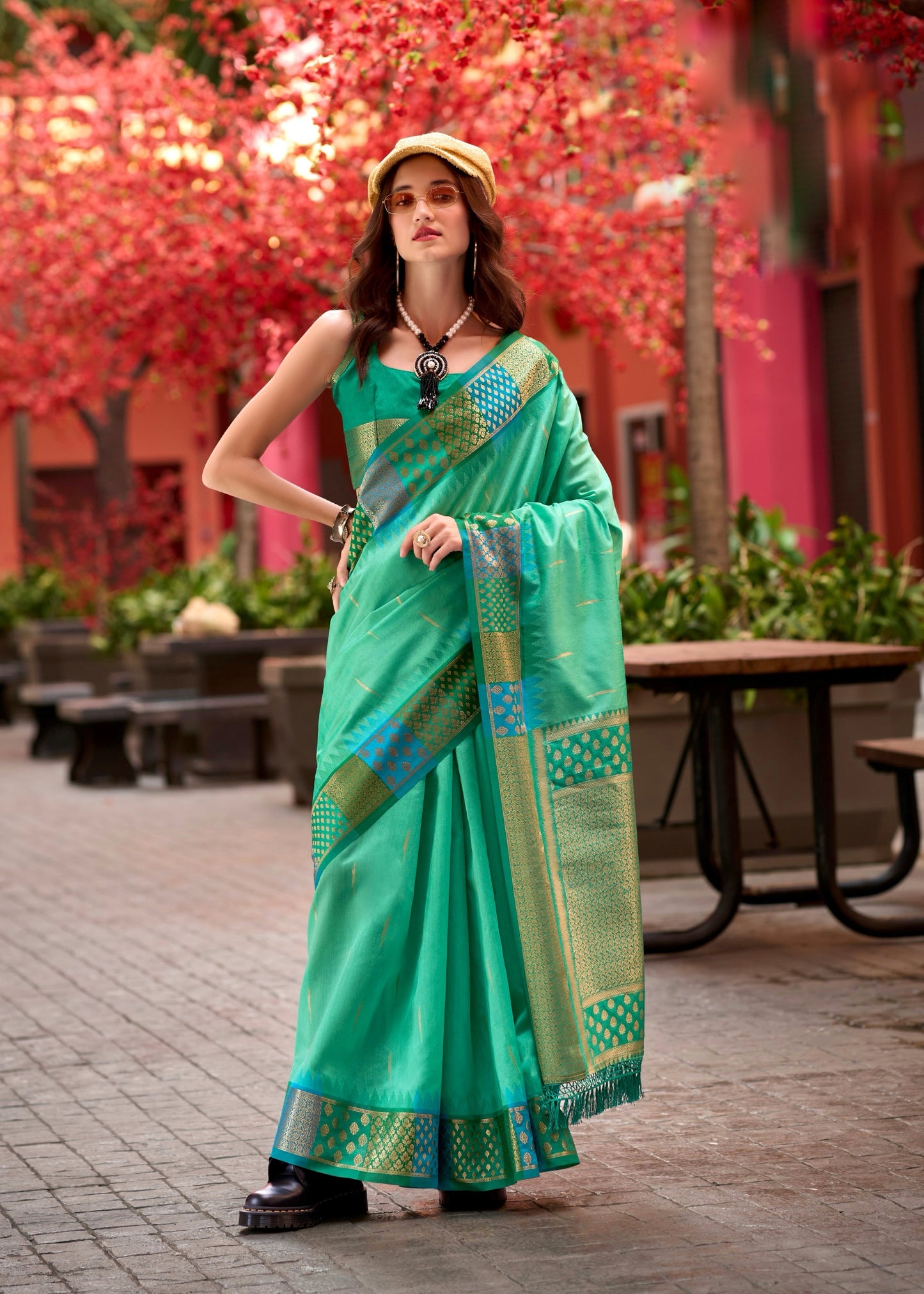 Green Color Banarasi Silk Readymade/Easy Saree