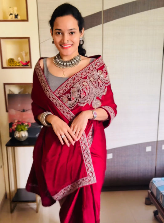 Maroon Color Cocktail Readymade Saree - Panaash Saree
