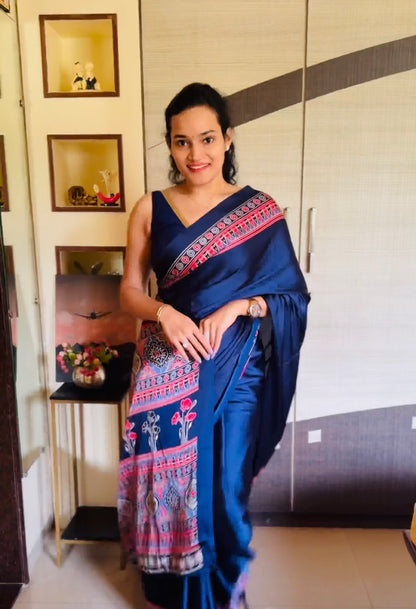 Plain Blue Readymade Ajrakh Saree