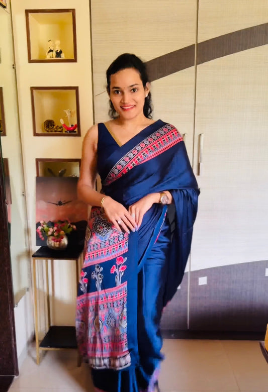 Plain Blue Readymade Ajrakh Saree