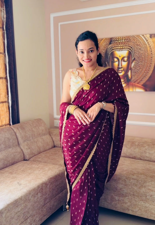 Wine Color Soft Banarasi Silk Readymade/Easy Saree