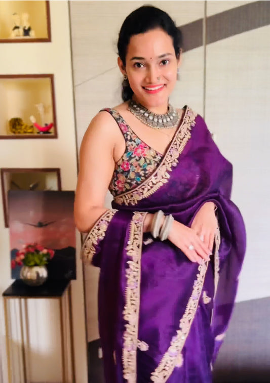 Purple Tissue Silk Readymade/Easy Saree