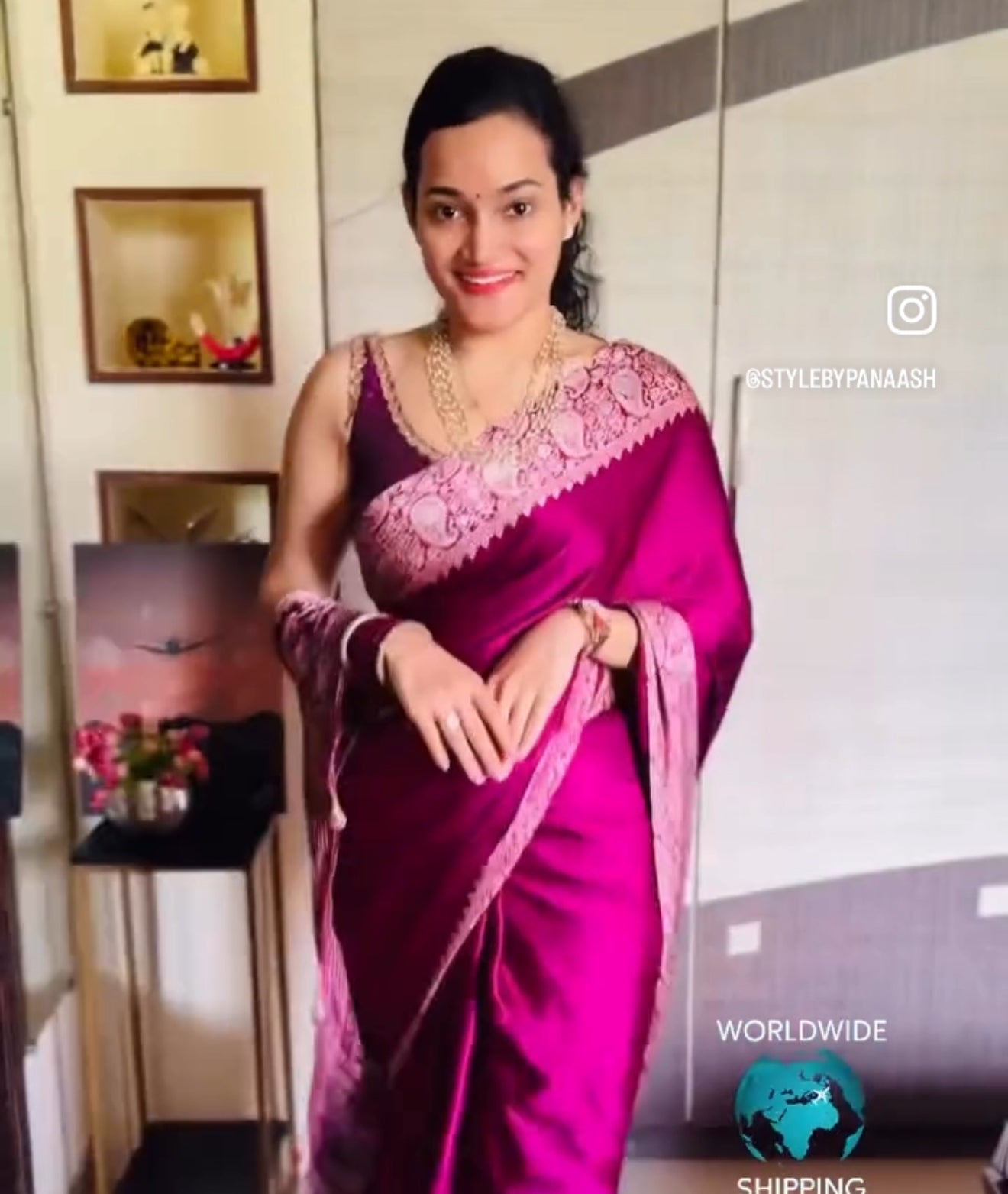 Magenta Readymade Crepe Ajrakh Silk Saree