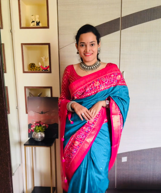 Blue Color Patola Silk  Readymade/Easy Saree