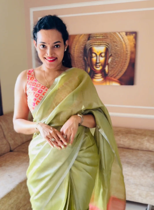 Pastel Green Tissue Silk Readymade/Easy Saree