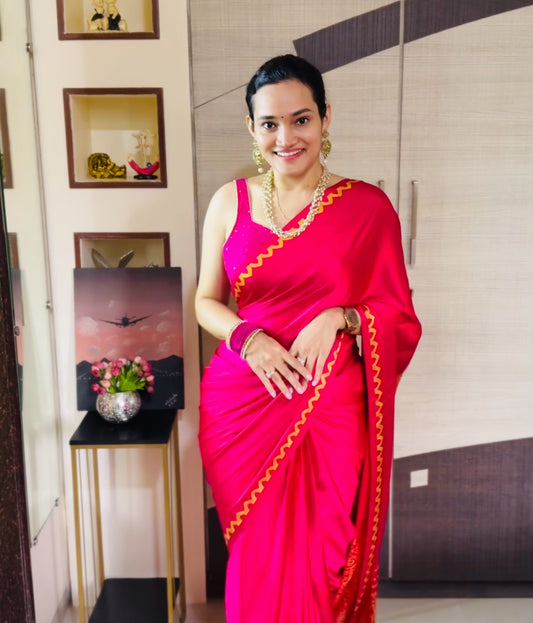 Plain Pink Readymade Crepe Silk Saree