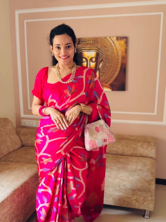 Pink Crepe Silk Readymade/Easy Saree