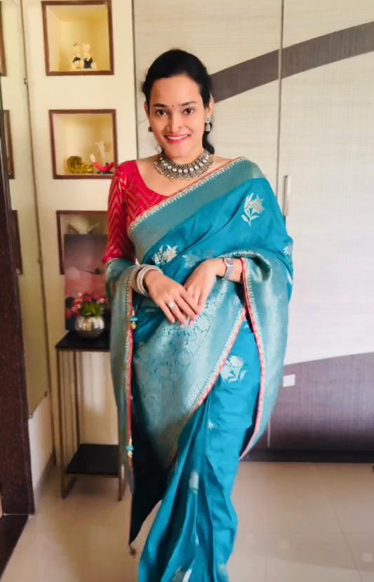 Turquoise Banarasi Soft Silk Readymade/Easy Saree