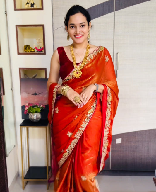 Rust Color Tissue Silk Readymade/Easy Saree