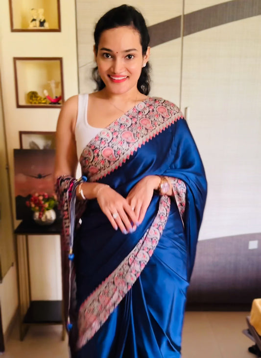 Dark Blue Readymade Crepe Ajrakh Silk Saree