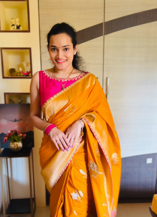 Yellow Banarasi Soft Silk Readymade/Easy Saree