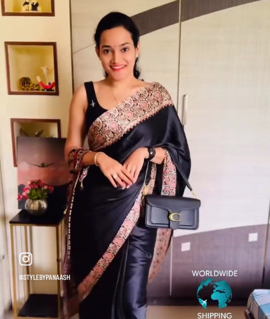 Black Readymade Crepe Ajrakh Silk Saree