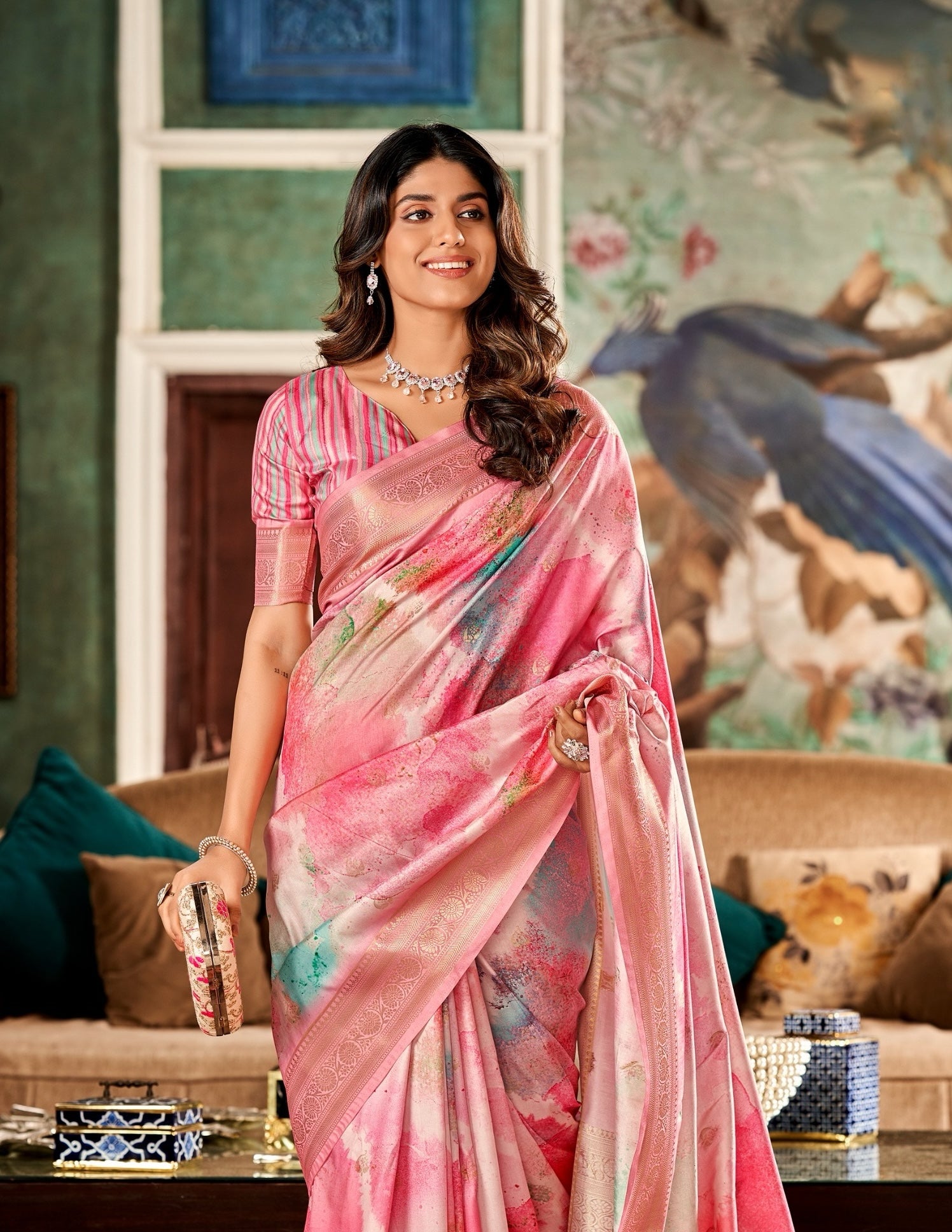 Pink Printed Soft Silk Ready To Wear/Easy Saree by Stylebypanaash