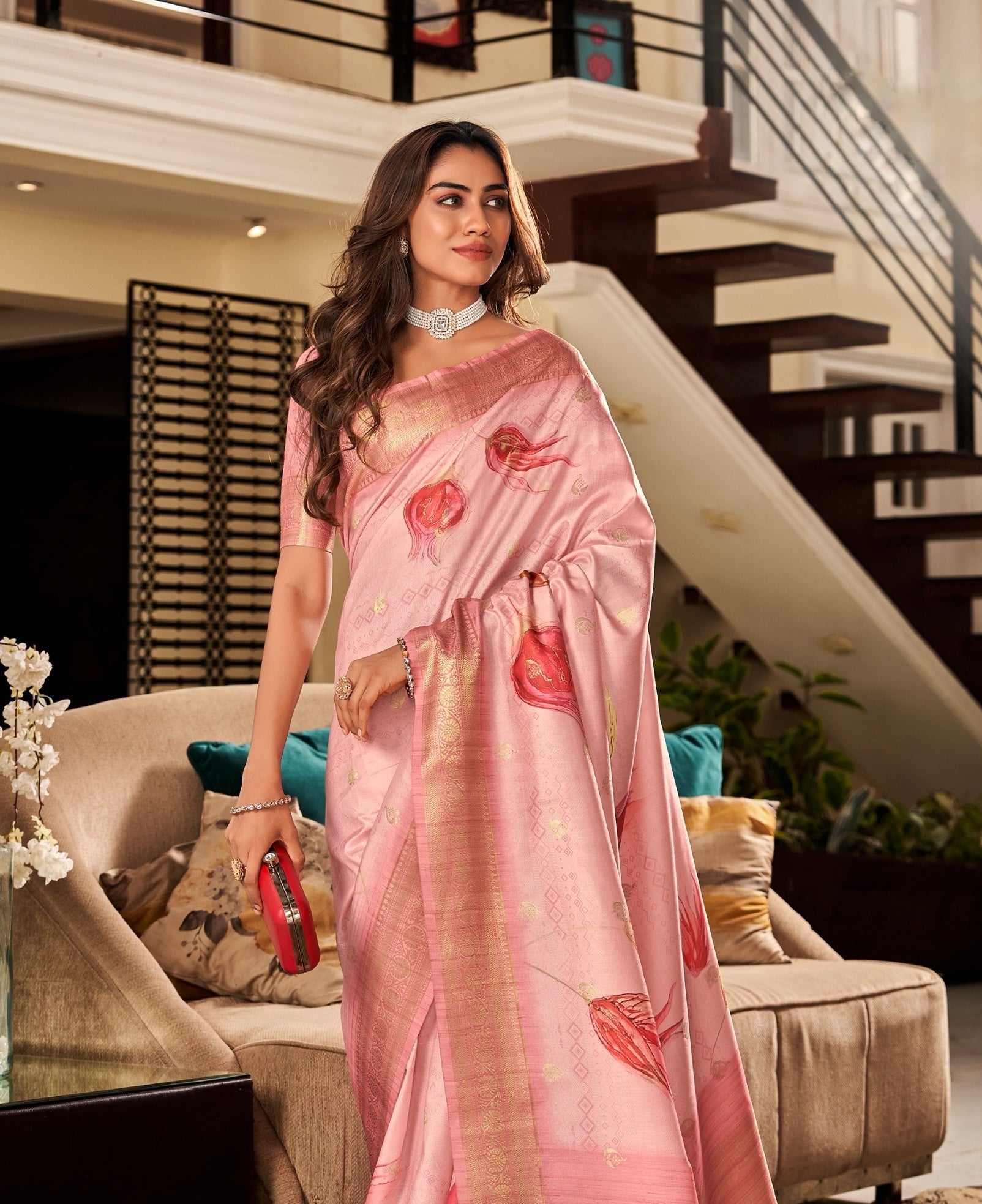 Blush Pink Printed Soft Silk Ready To Wear/Easy Saree by Stylebypanaash