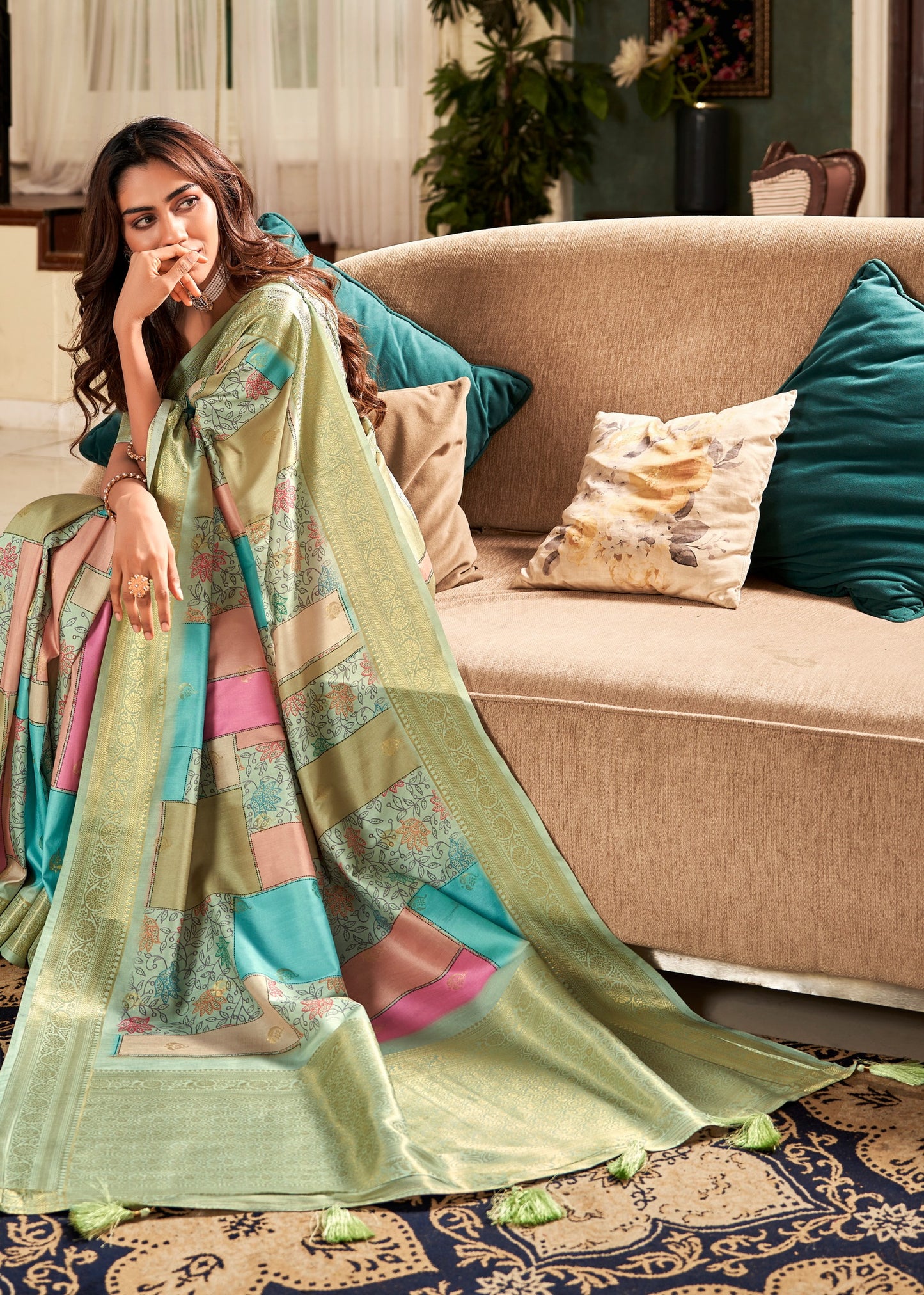 Mint Green Multi Printed Soft Silk Ready To Wear/Easy Saree by Stylebypanaash