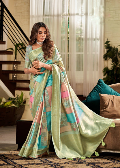 Mint Green Multi Printed Soft Silk Ready To Wear/Easy Saree by Stylebypanaash