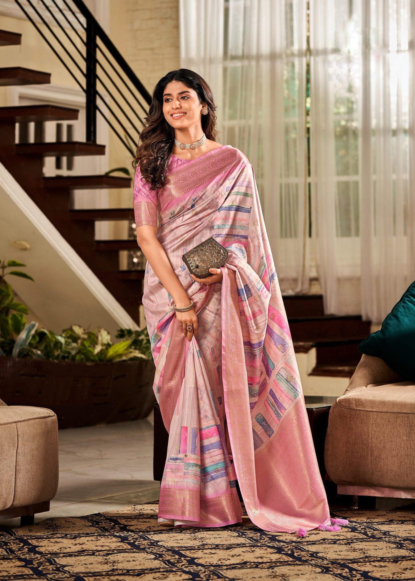 Dusty Rose Printed Soft Silk Ready To Wear/Easy Saree by Stylebbypanaash