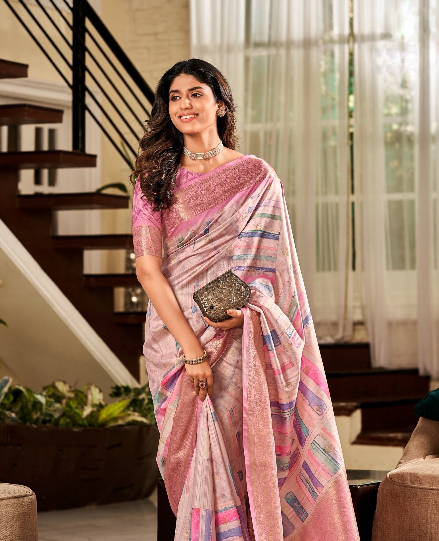 Dusty Rose Printed Soft Silk Ready To Wear/Easy Saree by Stylebbypanaash