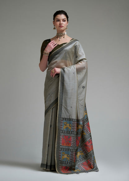 Grey Cotton Ready To Wear/Easy Saree by Stylebypanaash 