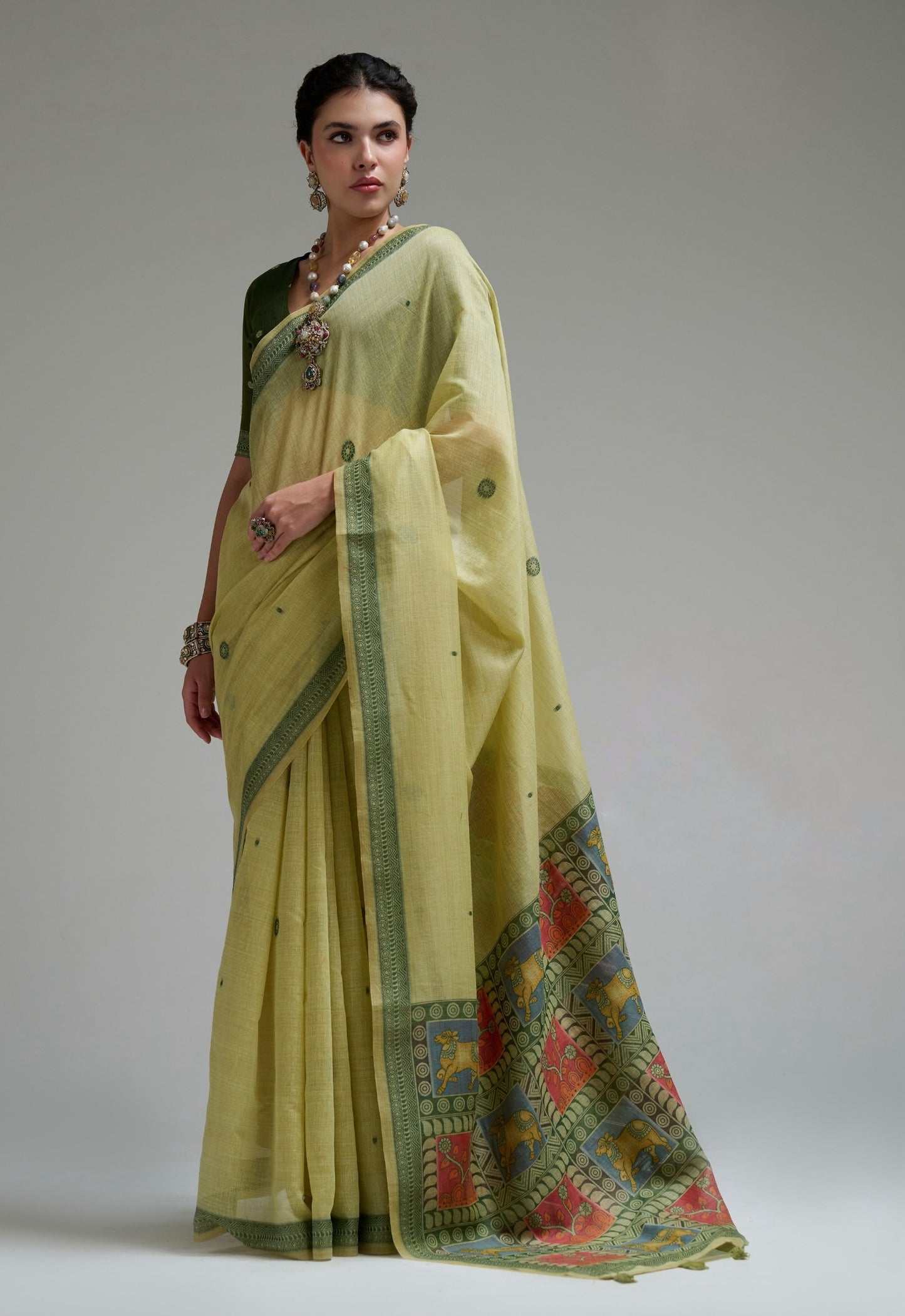 Light Olive Green Cotton Ready To Wear/Easy Saree by Stylebypanaash 