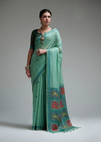 Mint Green Cotton Ready To Wear/Easy Saree by Stylebypanaash 