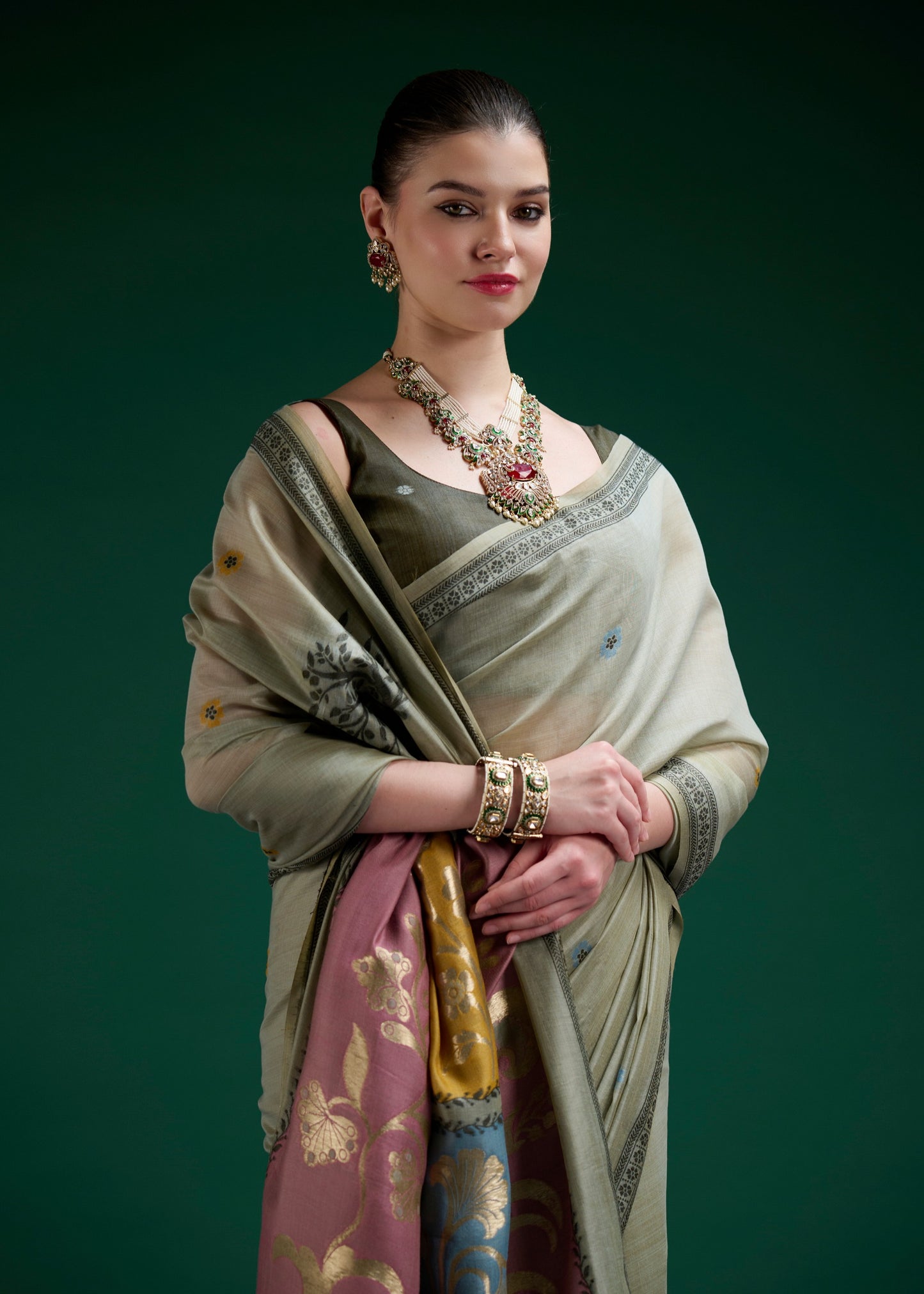 Sage Green Mul Cotton Ready To Wear/Easy Saree - Panaash Saree