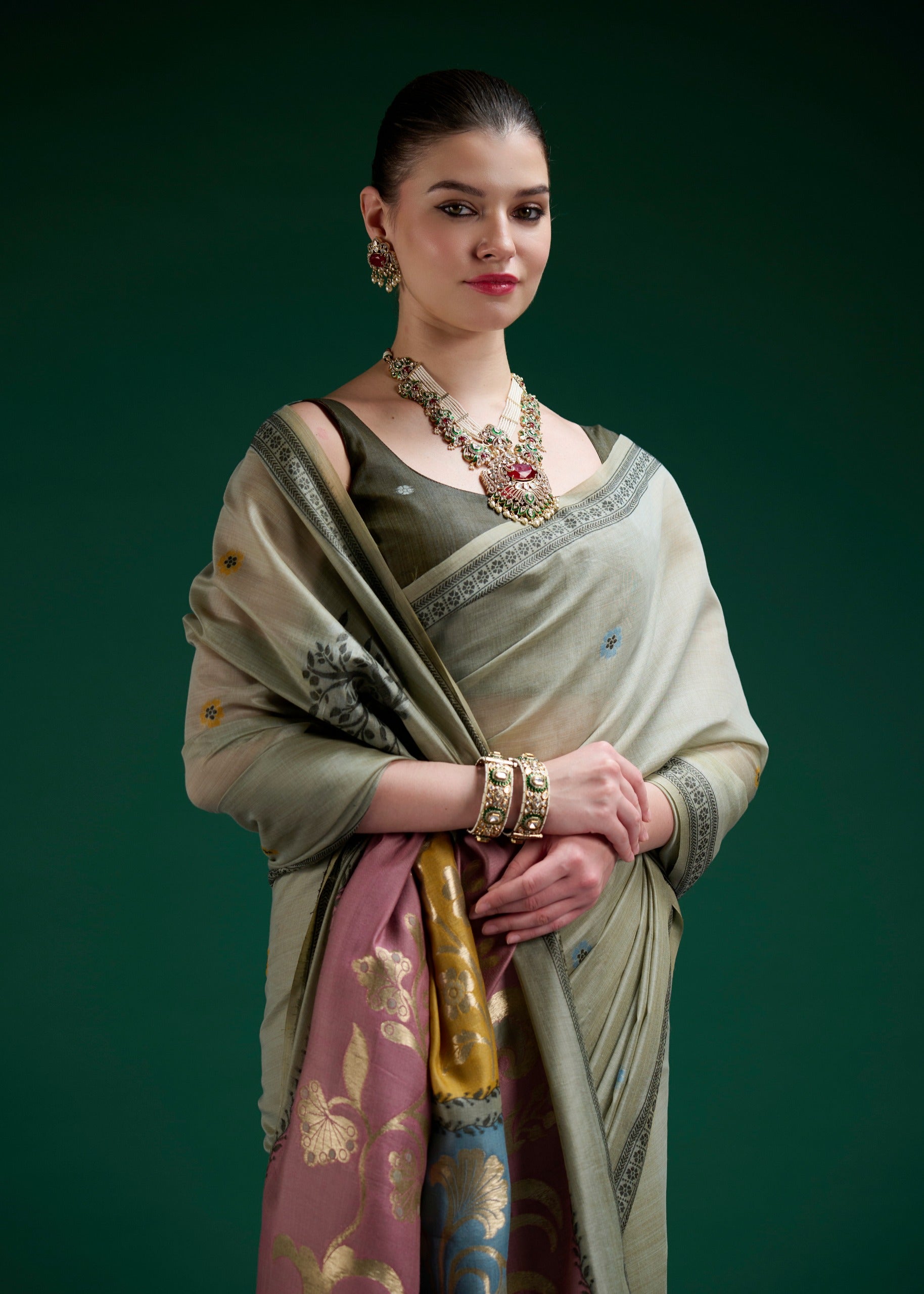 Sage Green Mul Cotton Ready To Wear/Easy Saree - Panaash Saree