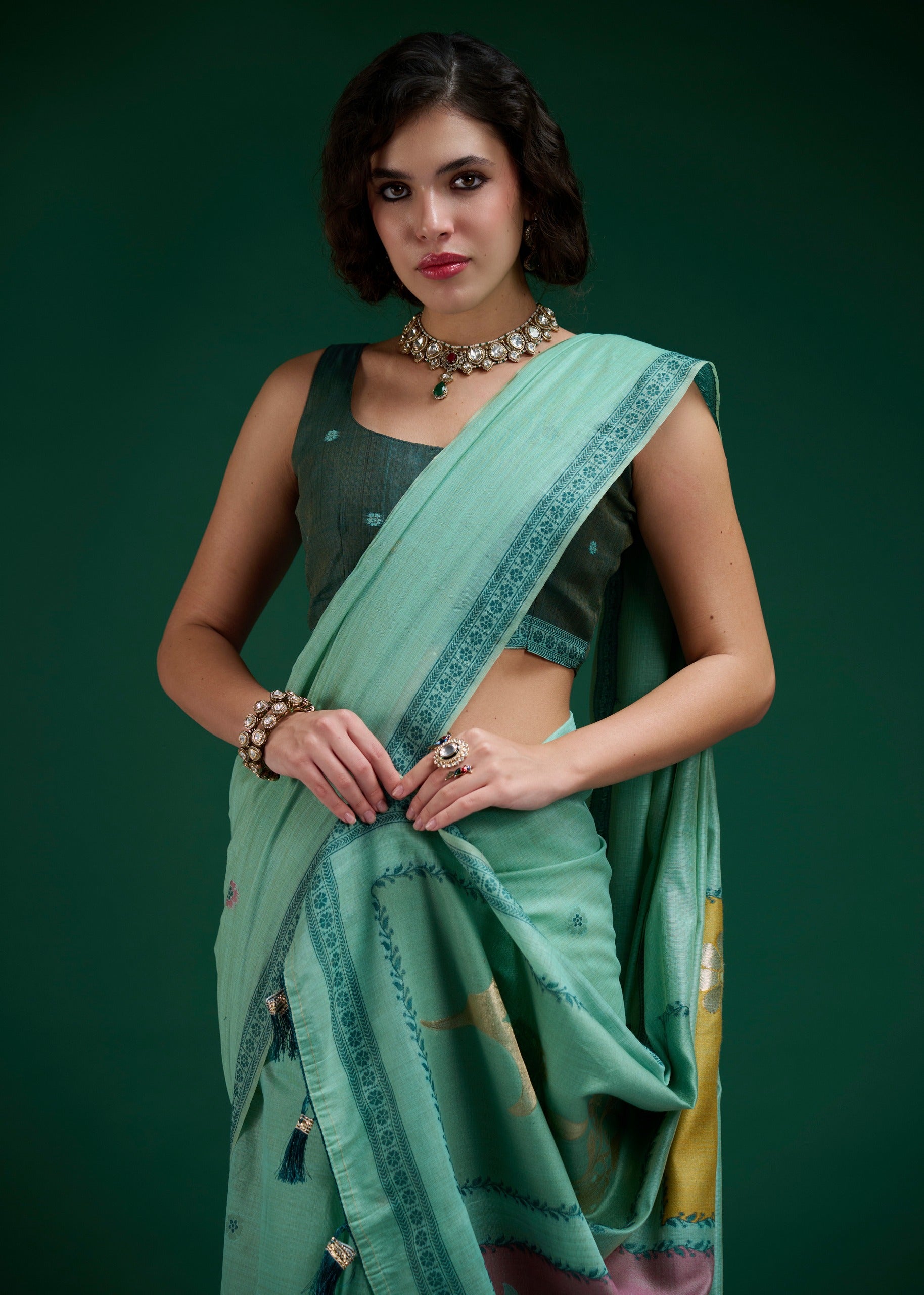 Mint Green Mul Cotton Ready To Wear/Easy Saree - Panaash Saree