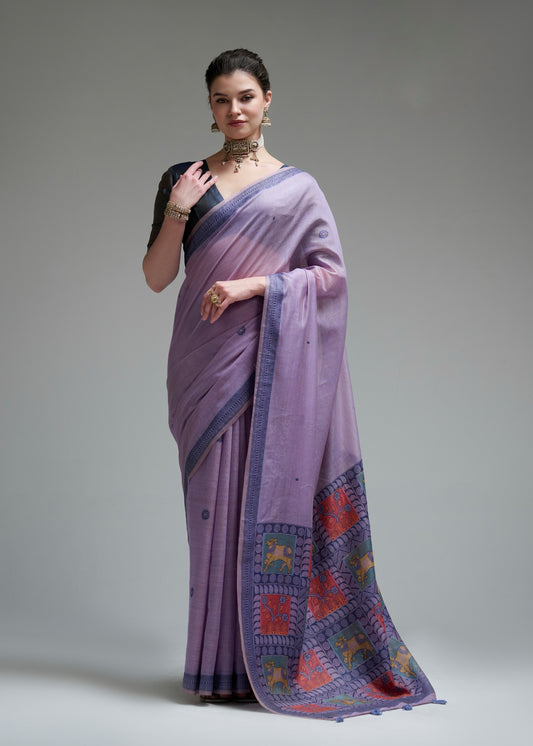 Ready-to-wear cotton saree, lavender with multicolor geometric border and pallu