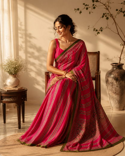 Pink & Green Stripe Mirror Crepe Silk Ready To Wear/Easy Saree