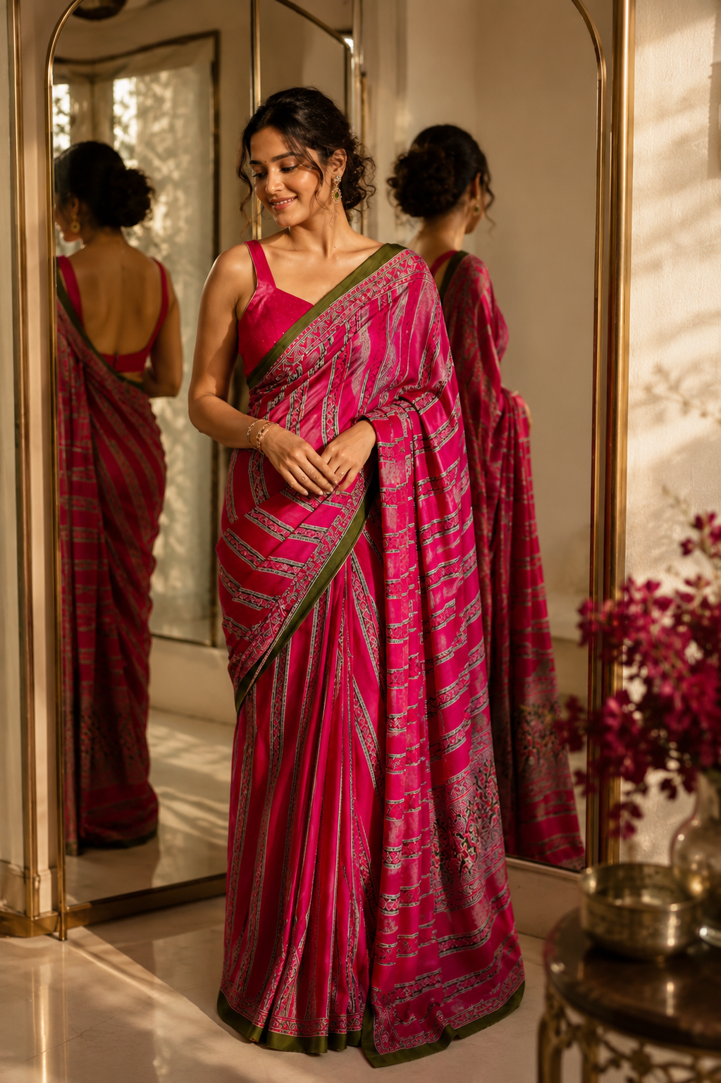 Pink & Green Stripe Mirror Crepe Silk Ready To Wear/Easy Saree